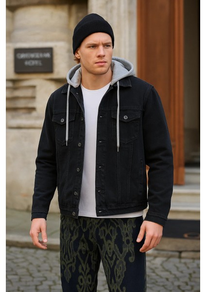 Erkek Basic Mevsimlik Kapşonlu Siyah Kot Ceket