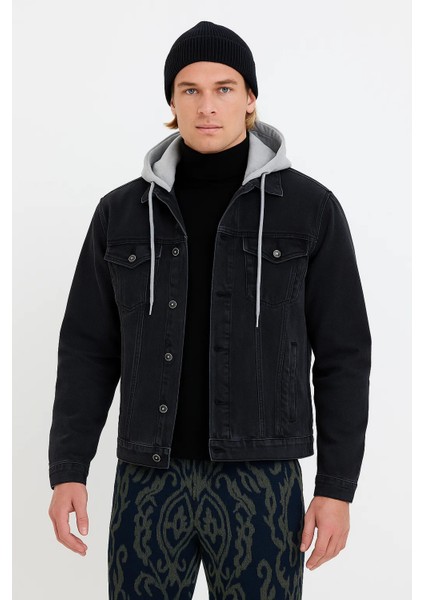Erkek Basic Mevsimlik Kapşonlu Siyah Kot Ceket fiyatları