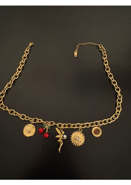 Çelik Çoklu Charm Detaylı Kolye
