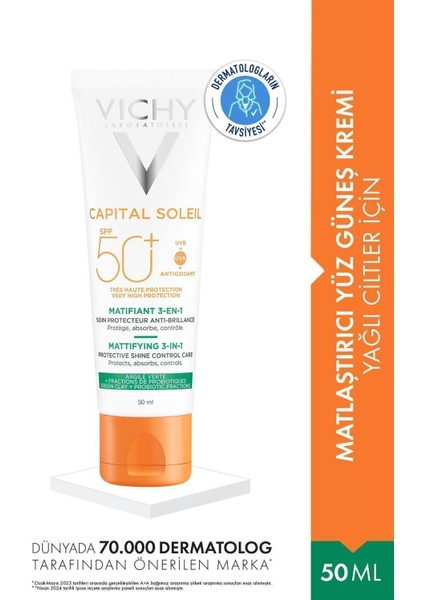Capital Soleil Yüz Güneş Kremi SPF 50+ UVA/UVB Koruma – Matlaştırıcı ve Nemlendirici, Tüm Cilt Tipleri için 50 ml