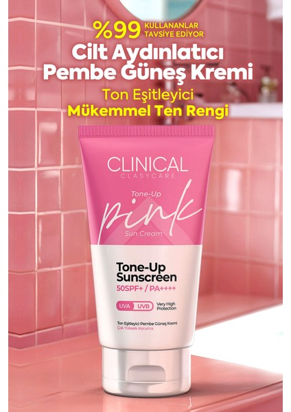 Clinical SPF 50+ Güneş Kremi 50 ml – Tüm Cilt Tipleri İçin, Ton Eşitleyici Pembe Etki ve Hafif Yağsız Doku