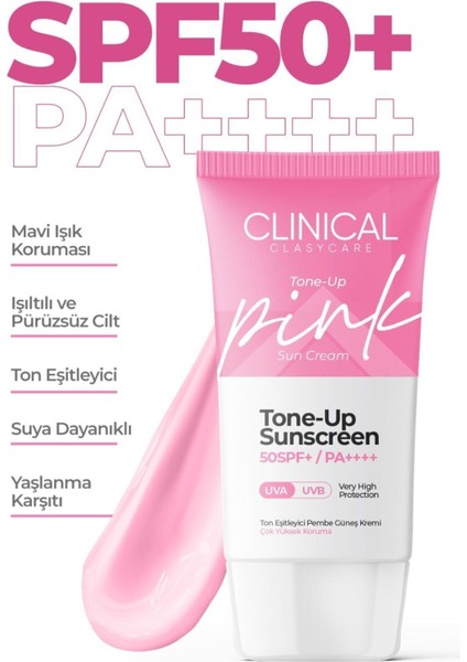 Clinical SPF 50+ Güneş Kremi 50 ml – Tüm Cilt Tipleri İçin, Ton Eşitleyici Pembe Etki ve Hafif Yağsız Doku