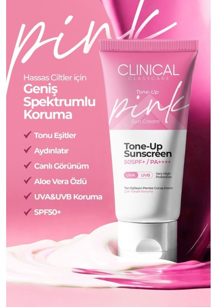 Clinical SPF 50+ Güneş Kremi 50 ml – Tüm Cilt Tipleri İçin, Ton Eşitleyici Pembe Etki ve Hafif Yağsız Doku