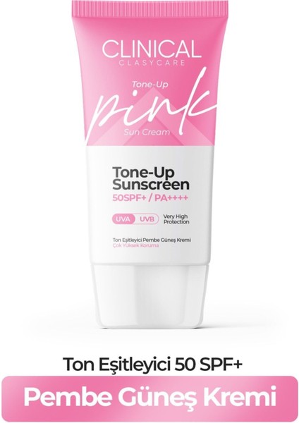 Clinical SPF 50+ Güneş Kremi 50 ml – Tüm Cilt Tipleri İçin, Ton Eşitleyici Pembe Etki ve Hafif Yağsız Doku