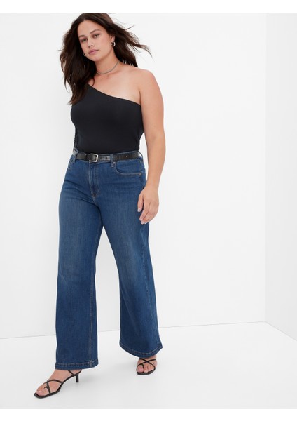 Kadın Koyu Mavi High Rise Stride Wide-Leg Jean Pantolon fiyatları
