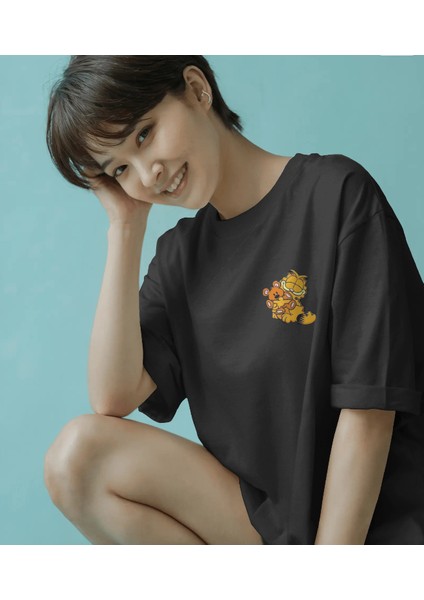 Garfield Baskılı Oversıze Kadın Erkek Tişört - Kedi Baskılı Unısex %100 Pamuk Bol Kesim Tshirt - Caglisa Özel Tasarım