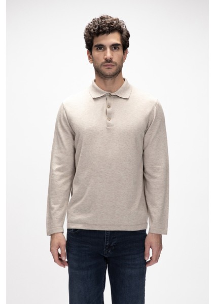 Kuger Bej Polo Yaka Erkek Triko Kazak