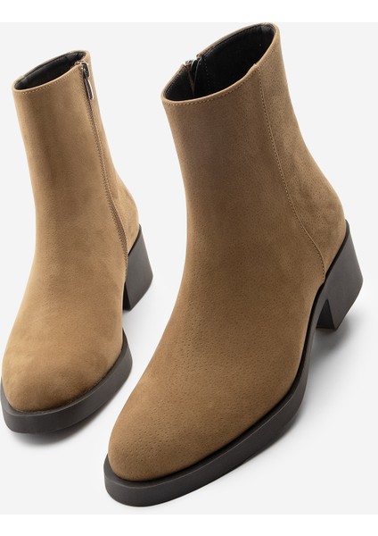 Kadın Fermuarlı Topuklu Günlük Bot Huna Taba Süet