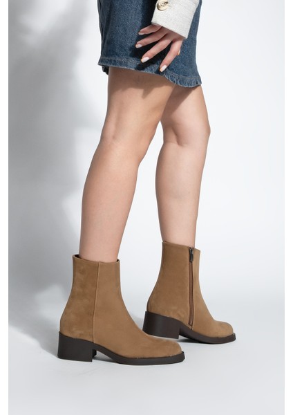 Kadın Fermuarlı Topuklu Günlük Bot Huna Taba Süet
