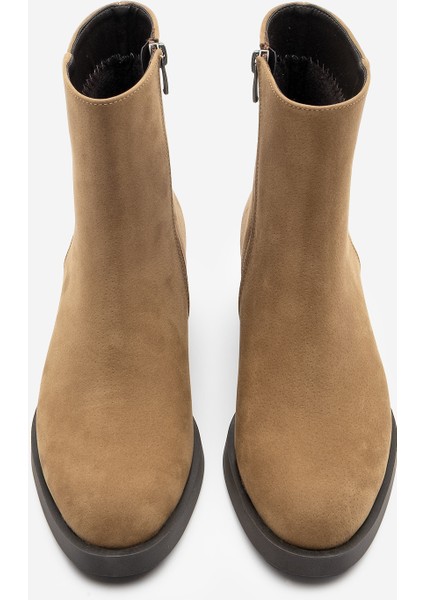 Kadın Fermuarlı Topuklu Günlük Bot Huna Taba Süet