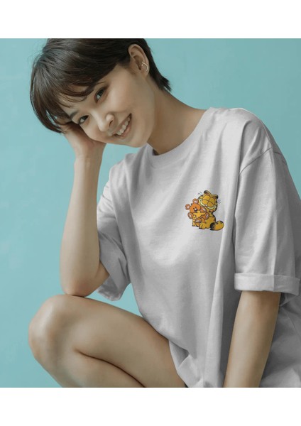 Garfield Baskılı Oversıze Kadın Erkek Tişört - Kedi Baskılı Unısex %100 Pamuk Bol Kesim Tshirt - Caglisa Özel Tasarım