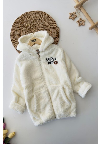 Süper Hero Ayıcık Işleme Erkek Çocuk Peluş hırka - Beyaz