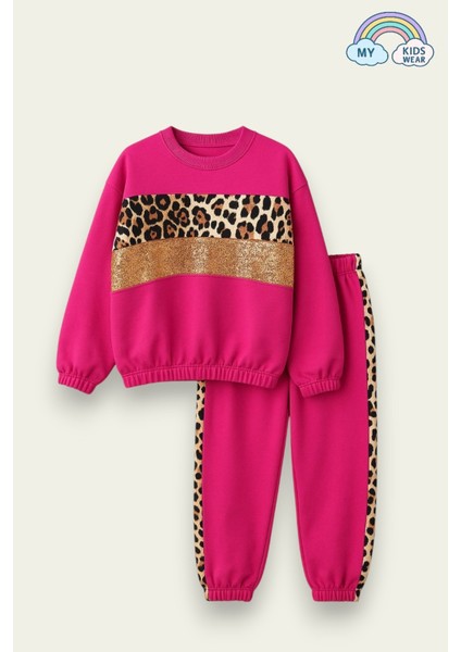 Kız Çocuk Leopar Şeritli Eşofman Takımı 3-14 Yaş 12061