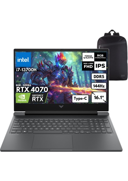Victus 16-R0071NT I7-13700H 32-Gbddr5 2 Tbssd RTX4070 (8gb) 16.1" Fhd Freedos + Hmf Sırt Çantası 8V898EAHMF7