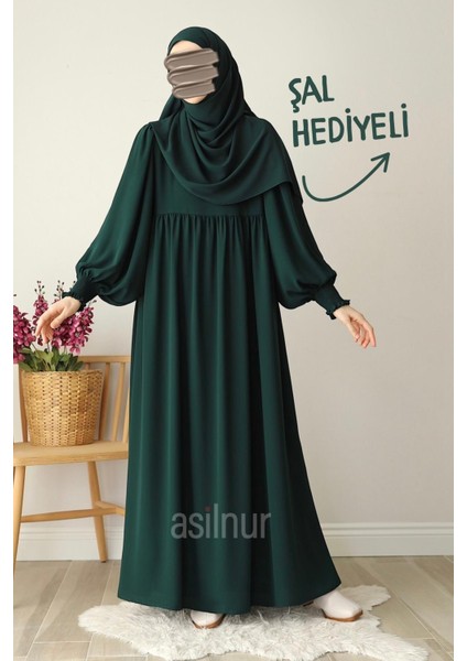 Hüsna Balon Kol Ferace Şal Hediyeli Takım Zümrüt Yeşili