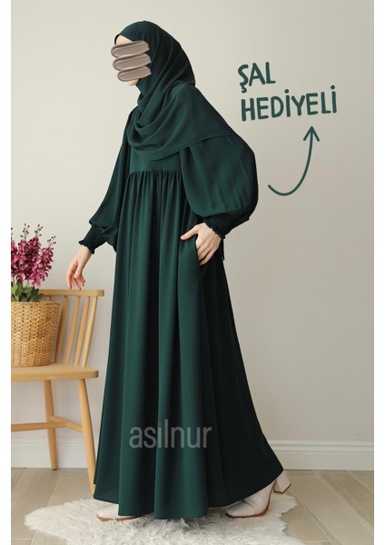 Hüsna Balon Kol Ferace Şal Hediyeli Takım Zümrüt Yeşili modelleri