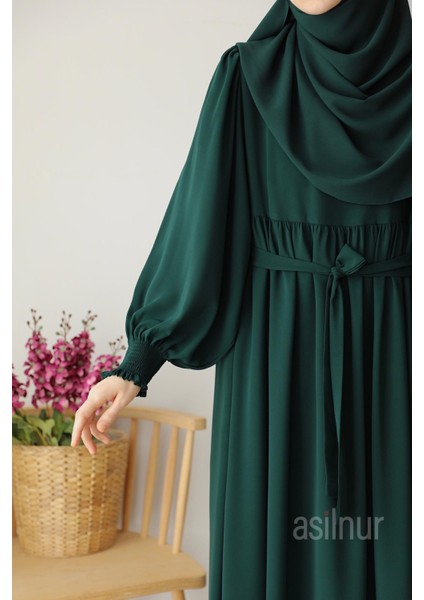 Hüsna Balon Kol Ferace Şal Hediyeli Takım Zümrüt Yeşili indirimleri