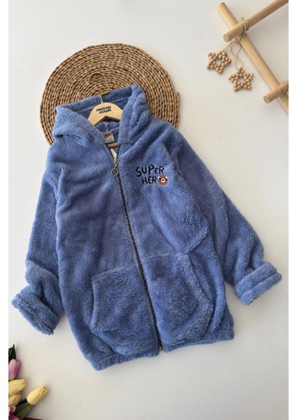Süper Hero Ayıcık Işleme Erkek Çocuk Peluş hırka - Mavi