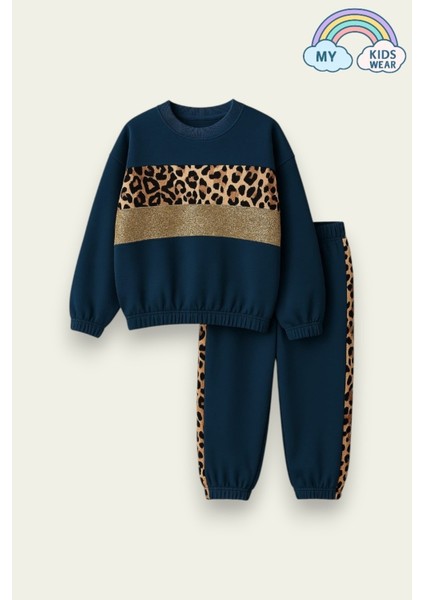 Kız Çocuk Leopar Şeritli Eşofman Takımı 3-14 Yaş 12058