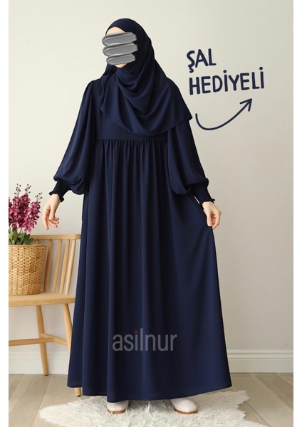 Hüsna Balon Kol Ferace Şal Hediyeli Takım Lacivert