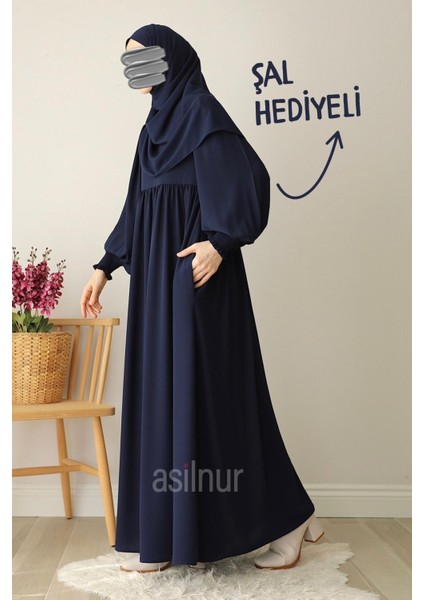 Hüsna Balon Kol Ferace Şal Hediyeli Takım Lacivert modelleri