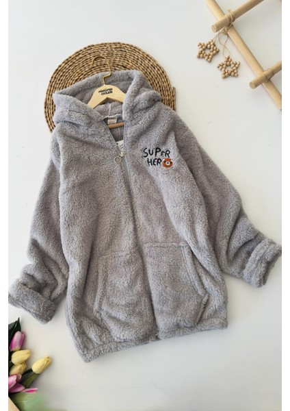 Süper Hero Ayıcık Işleme Erkek Çocuk Peluş hırka - Gri