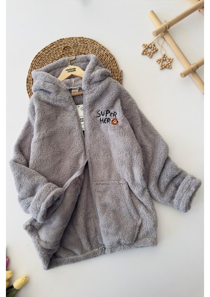 Süper Hero Ayıcık Işleme Erkek Çocuk Peluş hırka - Gri fiyatları