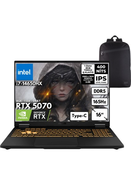 Tuf F16 I7-14650HX 40-Gbddr5 1 Tbssd RTX5070 (8GB-115W-GDRR7) 16" Wqxga 165Hz Windows 11 Pro + Hmf Sırt Çantası FX608JPR-QT070HMF22