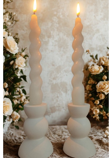 Mumlar Dahil 2 Li Beyaz Şamdanlık ve Beyaz Spiral. Burgulu Şamdan Mum