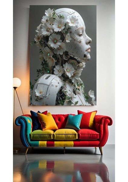 Papatya ve Robot V1 Ev Duvar Salon Güzellik Salonu Ofis Dükkan Dekarasyon Kanvas Tablo