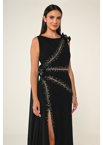 Çiçek ve Taş Aksesuarlı Yırtmaçlı Uzun Abiye Elbise Alfa Beta fiyatları