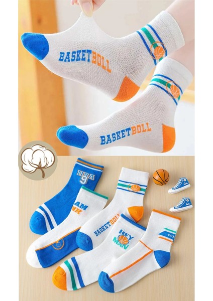 5 Çift Basketbol Desenli Okul & Gündelik Çocuk Soket Çorabı