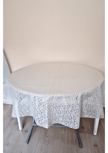 Üstü Şeffaf Muşamba Kaplama Dantel Görünüm Yuvarlak Masa Örtüsü -137 cm Çap -Krem Renk-Mnk