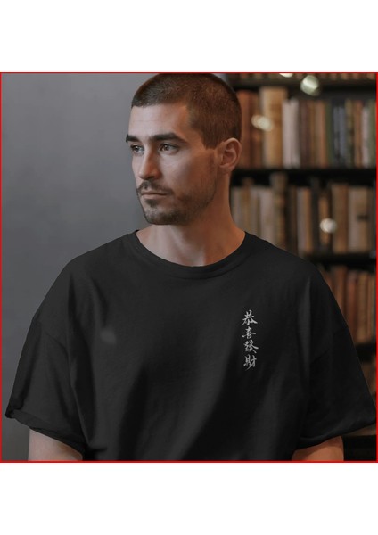 Japonca Yazı Baskılı Oversıze Kadın Erkek Siyah / Beyaz Tshirt - Unısex %100 Pamuk Bol Kesim Tişört - Caglisa Özel Tasarım fiyatları