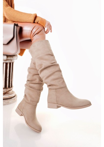 Bej Süet Körüklü Kadın Topuklu Çizme fiyatları