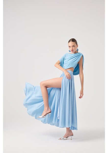 Şifon Etekli Pelerin Bluz Büstiyer 3 Lü Alanna Takım Mavi