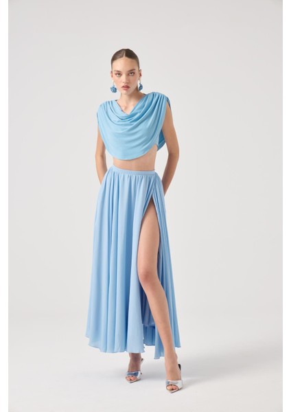 Şifon Etekli Pelerin Bluz Büstiyer 3 Lü Alanna Takım Mavi fiyatları