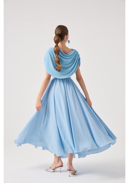 Şifon Etekli Pelerin Bluz Büstiyer 3 Lü Alanna Takım Mavi modelleri