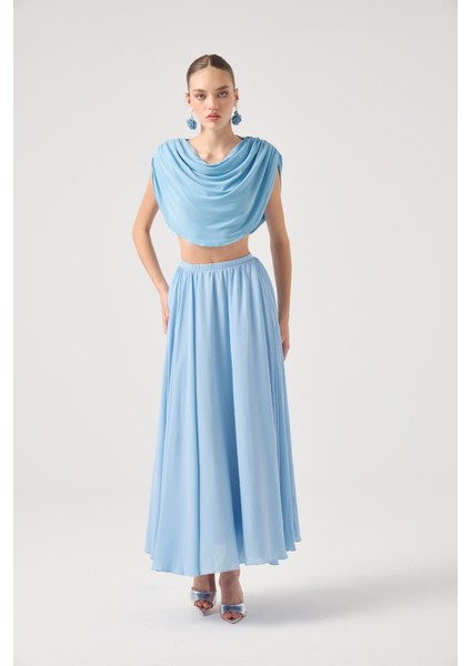 Şifon Etekli Pelerin Bluz Büstiyer 3 Lü Alanna Takım Mavi fırsatları