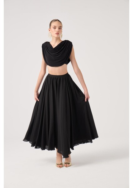 Şifon Etekli Pelerin Bluz Büstiyer 3 Lü Alanna Takım Siyah modelleri