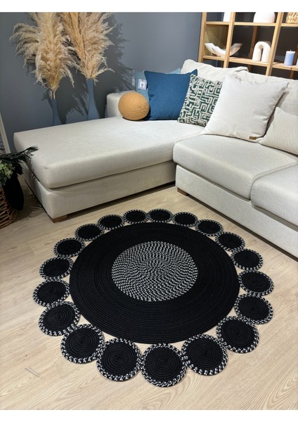 Siyah Jüt Hasırlı El Örgüsü Kilim Halı Hasır Yuvarlak modelleri