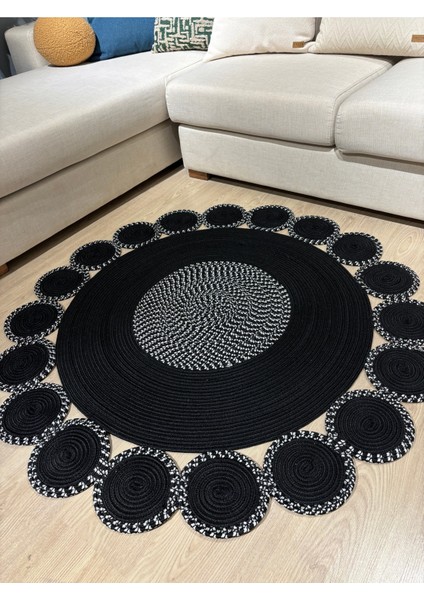 Siyah Jüt Hasırlı El Örgüsü Kilim Halı Hasır Yuvarlak