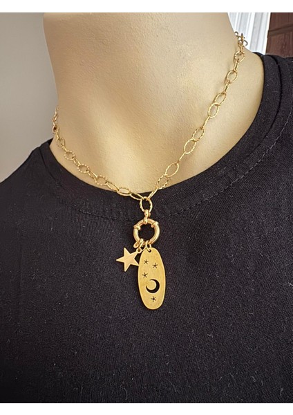 Çelik Büyük Zincir Ay Yıldız Kolye