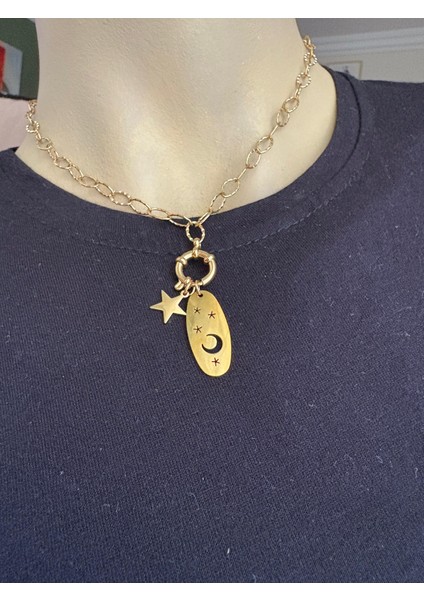 Çelik Büyük Zincir Ay Yıldız Kolye modelleri