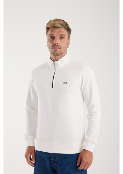 Yarım Fermuar Regular Fit Cepsiz Uzun Kol Beyaz