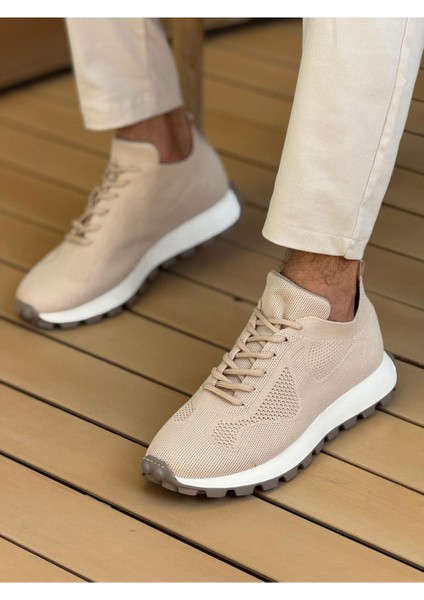 Bağcıklı Triko Erkek Sneaker Ayakkabı Bej