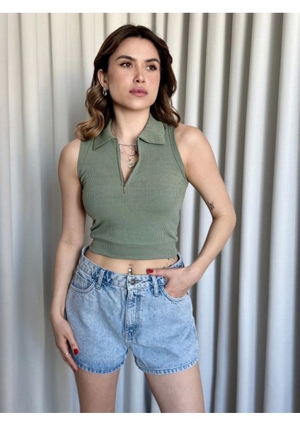 Kısa Gömlek Yaka Önü Fermuarlı Çağla Yeşili Trend Tarz Crop