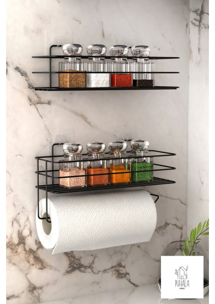 2 Katlı Yapışkanlı Baharat Rafı, Paslanmaz Metal Yapışkanlı Baharatlık