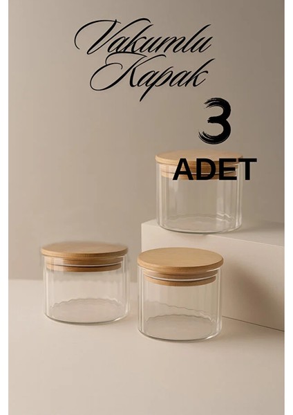 3’lü Çizgili Cam Baharatlık Seti – Hava Geçirmez Bambu Vakum Kapaklı Kavanoz Seti 365 ml