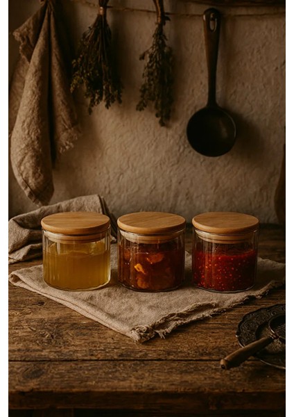 3’lü Çizgili Cam Baharatlık Seti – Hava Geçirmez Bambu Vakum Kapaklı Kavanoz Seti 365 ml